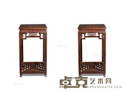 清代中期 红木嵌瘿木高束腰花几 (一对) 长50cm;宽50cm;高91cm