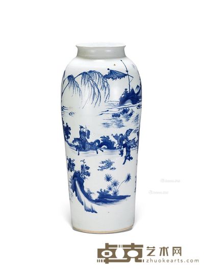 明 崇祯青花刀马人物筒瓶 腹径17cm;高38cm