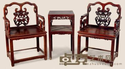清 红木雕福寿太师椅 （三件） 椅62×48×97cm；几43×80cm