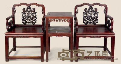 清 红木雕瓜果太师椅 （三件） 椅62×49×97cm；几43×80cm