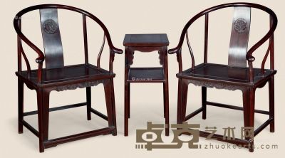 近代 紫檀雕花卉圈椅 （三件） 桌45×35×75cm；椅62×48×100cm