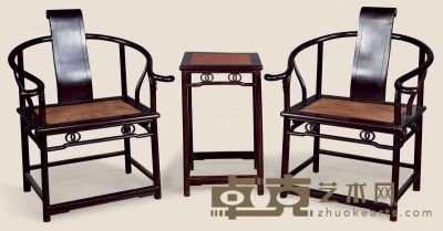 近代 紫檀嵌影木书卷椅 （三件） 几45×45×76cm；椅66×51×103cm