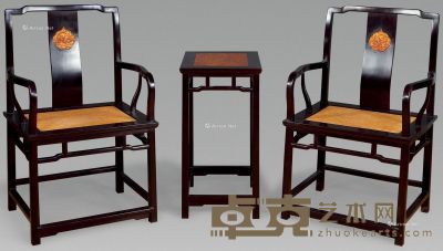 近代 紫檀嵌黄杨木雕夔龙官帽椅 （三件） 几46×38×75cm；椅60×48×100cm