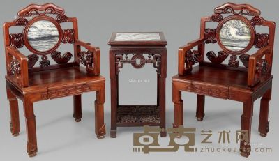 清 红木嵌大理石雕灵芝拉线太师椅 （三件） 椅63×50×104cm；几46×78cm
