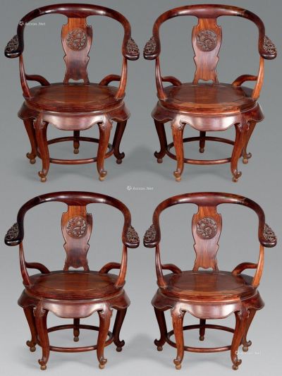 清 红木雕龙纹圈椅 （四件）