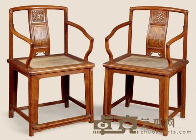 近代 黄花梨嵌影木玫瑰椅 （二件） 55×47×92cm