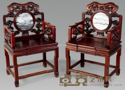 清     红木嵌大理石灵芝太师椅 （二件） 61×46×101cm