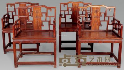 清     红木雕福庆纹太师椅 （四件） 69×51×98cm