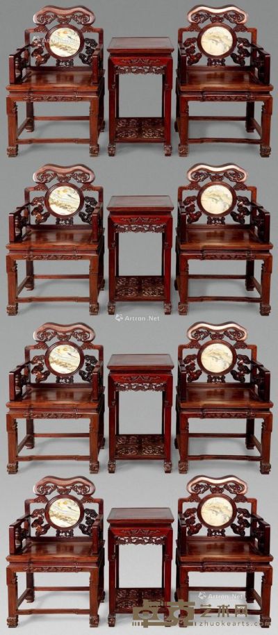 清     红木嵌大理石苏作灵芝椅 （十二件） 桌60×46×103cm；几43×78cm
