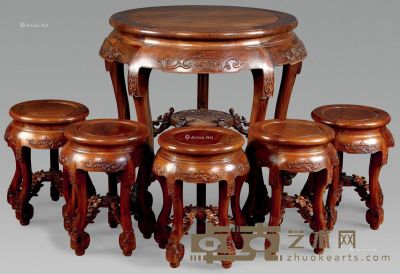 近代 红木雕夔龙圆桌 （六件） 桌80×80×82cm；32×32×47cm