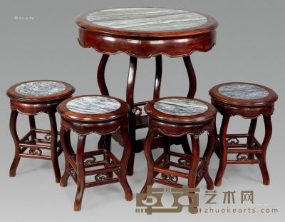 清 红木嵌大理石圆桌 （五件） 桌75×76cm；凳35×44cm