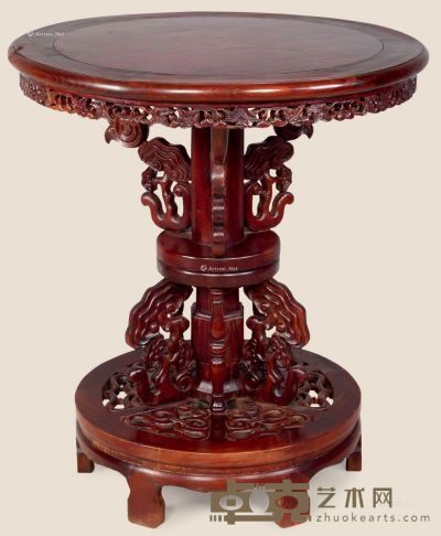 清 红木嵌瘿木雕灵芝圆桌 76×84cm