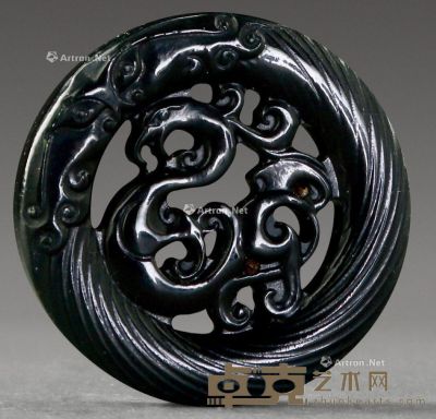 现代 墨玉雕螭龙珮 直径：3.7cm