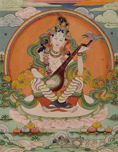 十九世纪 妙音天女唐卡 长15cm;宽18.5cm