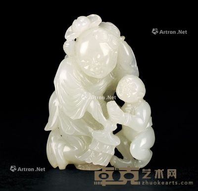 明 白玉双童子挑灯抱荷 5.5cm