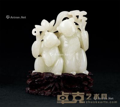 明 白玉双童持荷灵芝图 6×5.3cm
