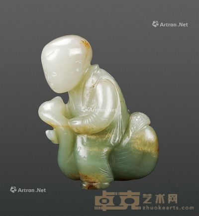 宋 青白玉带皮雕童子戏鹅 6.5cm