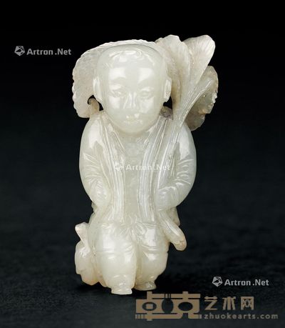 宋 灰白玉童子提蕉叶和荷花 5.8cm