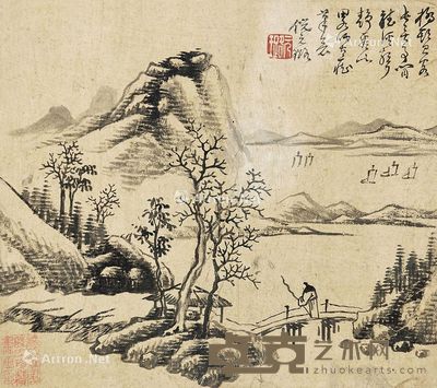人物山水画 画心 水墨纸本 21.5×24.5cm
