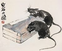 鼠子啮书图 画心 设色纸本