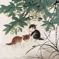 花间戏猫图 轴心 设色纸本