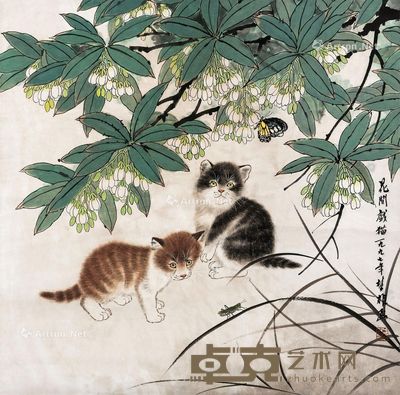 花间戏猫图 轴心 设色纸本 68×68cm