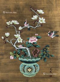 花鸟 画心 设色纸本