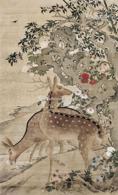 双鹿图 轴心 设色绢本 --