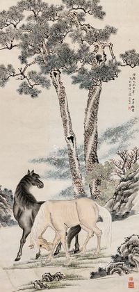 双马图 轴心 设色纸本