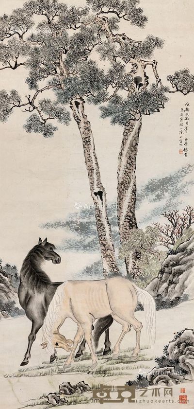 双马图 轴心 设色纸本 147×70cm