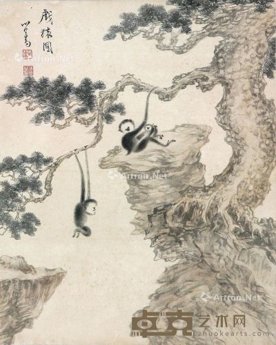 溥儒 戏猿图 37×30cm