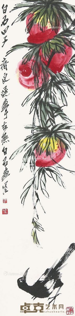 齐良迟 寿桃喜鹊 136×34cm