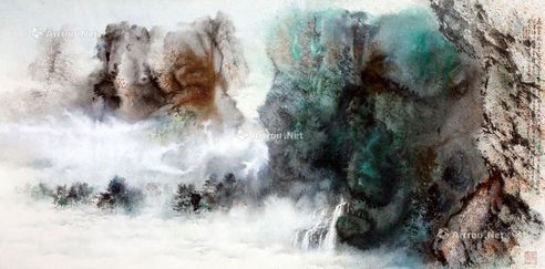 胡念祖 1998年作 远眺云山 设色纸本
