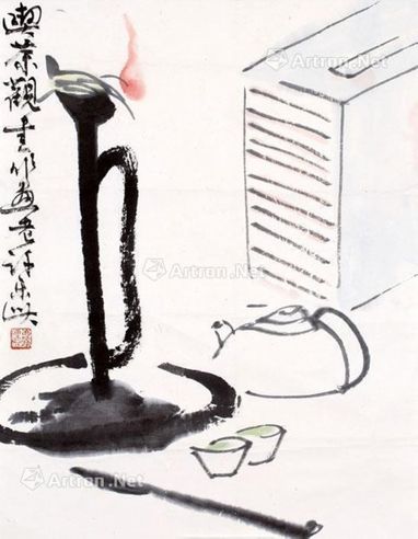 许麟卢 年作 吃茶图 设色纸本