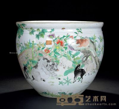 清光绪 浅绛彩家畜山水纹卷缸 直径37cm