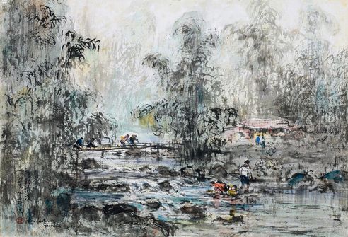 蓝荫鼎 1970年作 门对清溪 水墨 设色 纸本