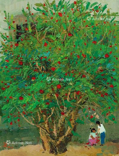 吴冠中 1972年作 李村树（二） 油画纸板