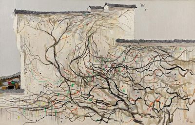 吴冠中 1994年作 墙上秋色 油画画布