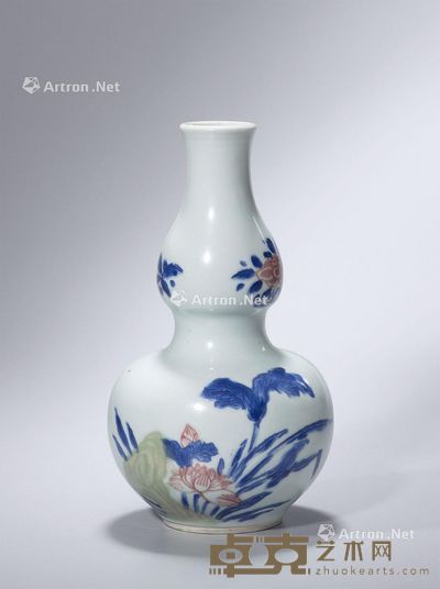 清康熙 釉下三彩荷花纹葫芦瓶 高18.8cm