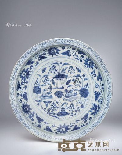 元 青花荷塘鸳鸯纹折沿大盘 直径41.3cm