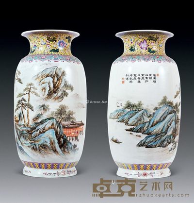 民国 粉彩山水人物缠枝莲纹赏瓶 高41cm