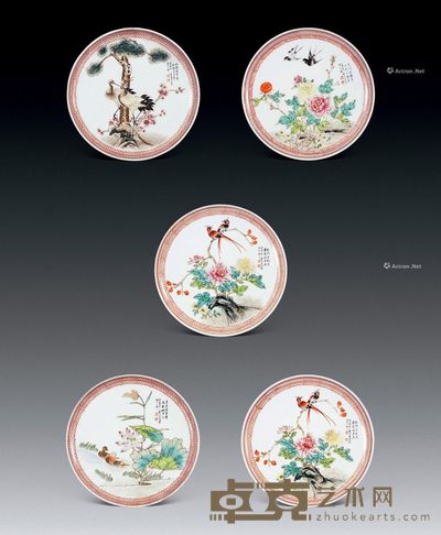 80年代 粉彩花鸟盘 （五件） 宽22cm