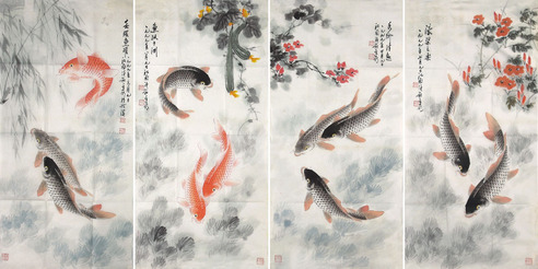 迟明 鲤鱼四屏