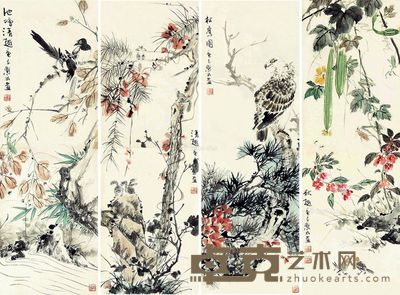 金默如 花卉 77×26cm×4