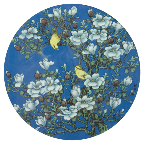 胡文 花鸟团面  瓷板画
