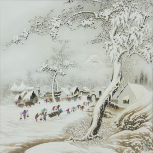 胡文 瑞雪  瓷板画