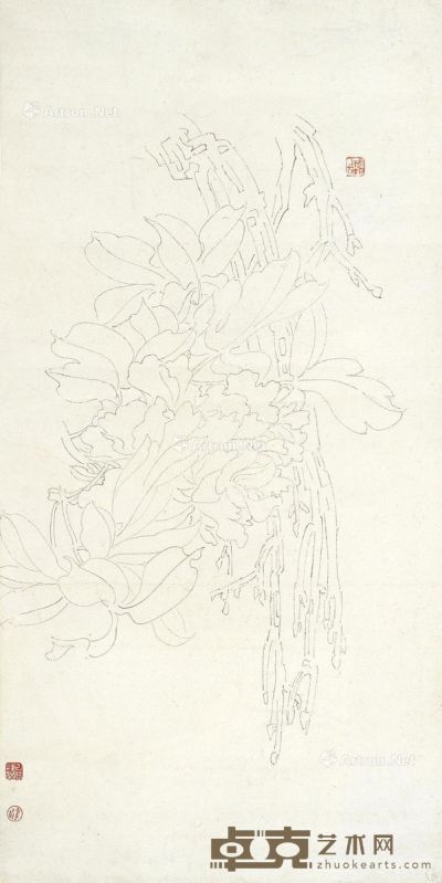 陈子庄 白描花卉 37.5×74cm