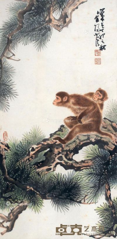 周北溪 双猴图 50×100cm