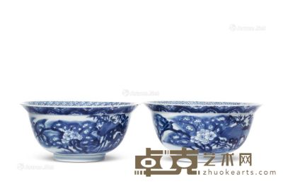 清康熙 青花花卉纹碗 （一对） 直径16cm