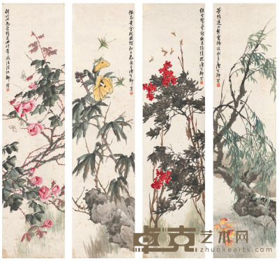 柳滨 四季花卉图 136.5×33.5cm×4